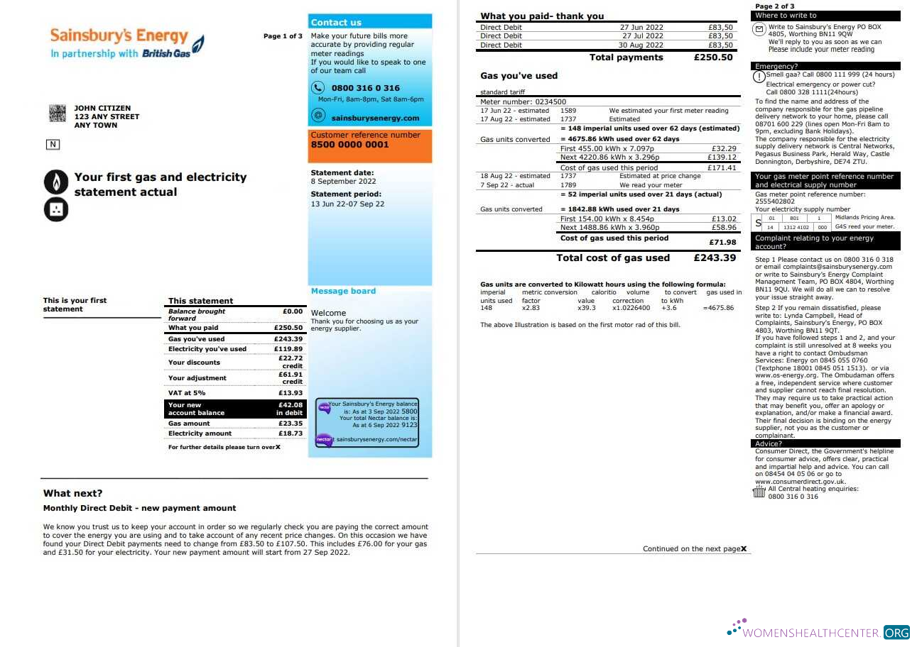 download United Kingdom Sainsbury’s Energy (British Gas) bill, Word and PDF template, 3 pages 1 2 PDF template